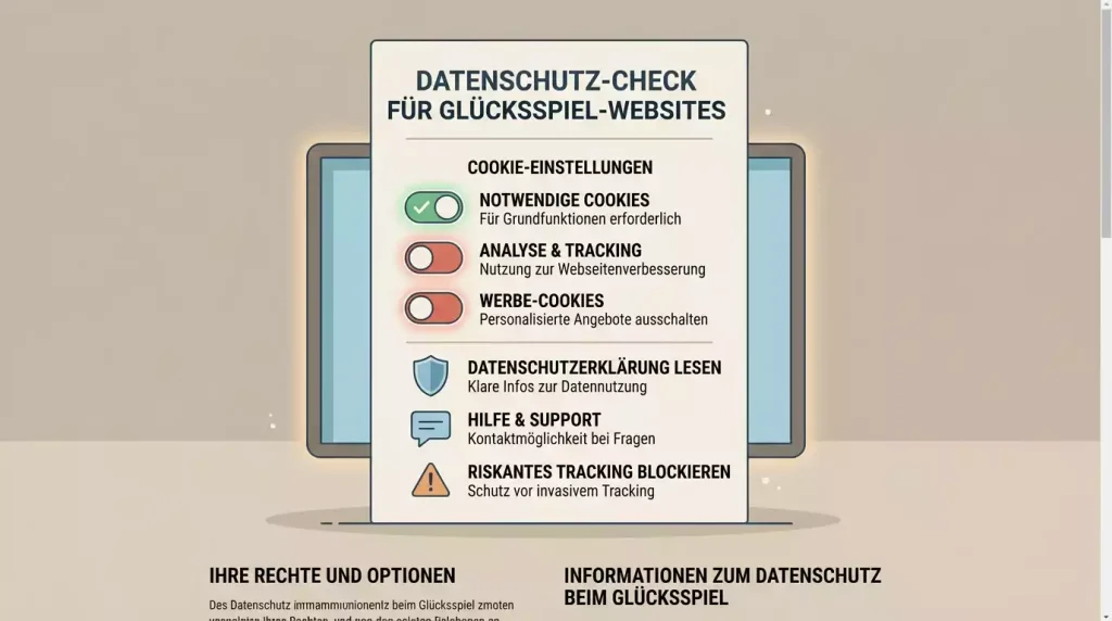 Datenschutz-Check mit Cookie-Auswahl, Hilfesymbol und Schutzschild auf ruhigem Hintergrund