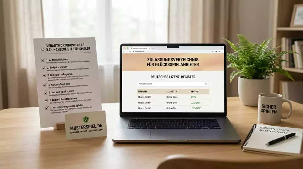 Schreibtisch mit Prüfliste, Domain-Karte und Schutzsymbol für die Kontrolle eines Online-Casinos vor der Einzahlung