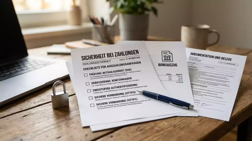 Geordnete Zahlungsunterlagen, Kontoauszug-Symbol und Checkliste für Auszahlungen bei Glücksspielseiten